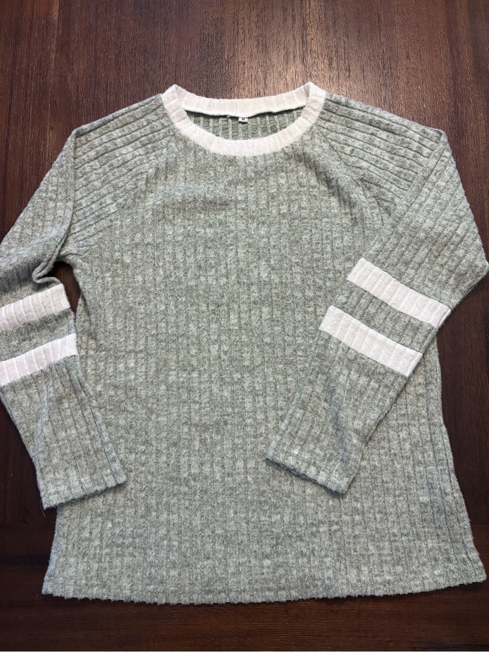 Cozy Light Sage Ribbed Sweater with Contrast Trim
